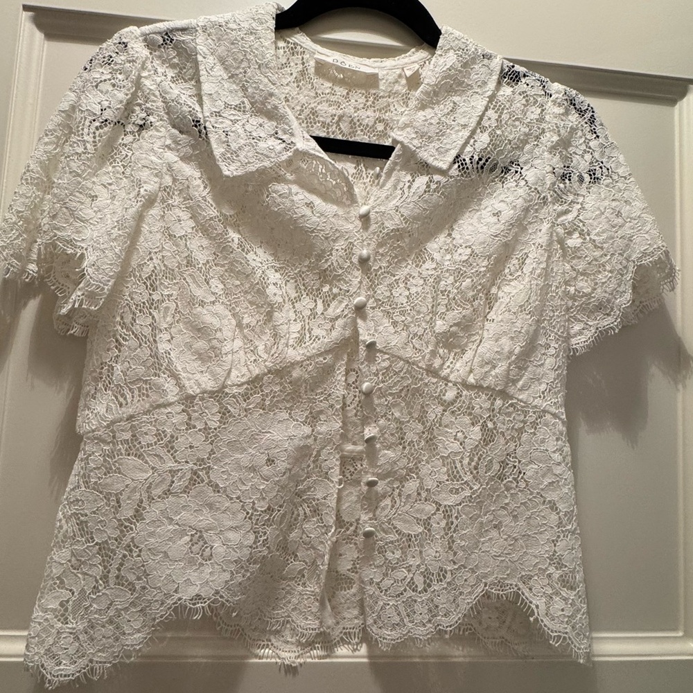 Doen White Lace Button-Front Blouse